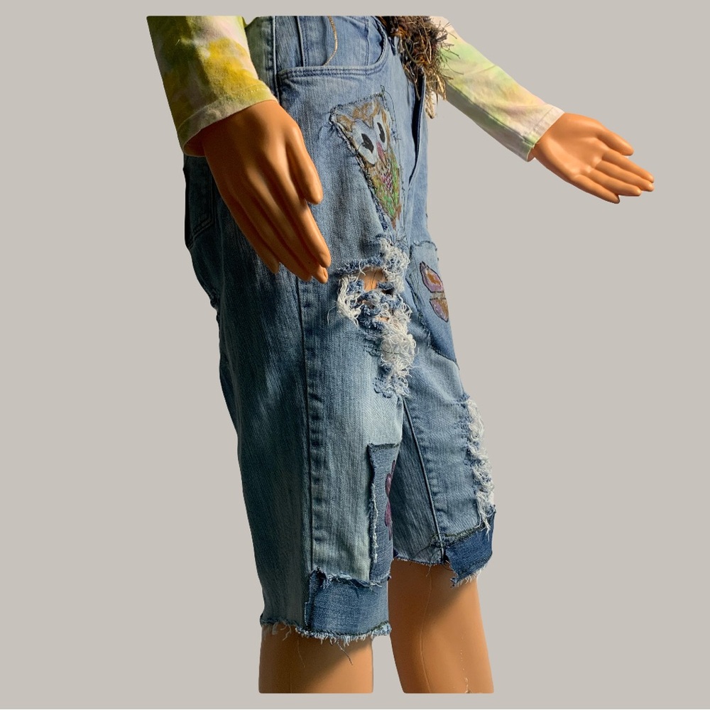 Homemade Patched Up Upcycled Blue Denim Cutoff Shorts - Picture 8 of 13
